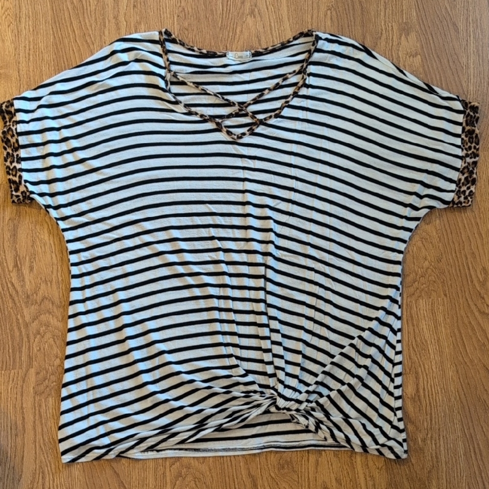 Striped Black and White Top with Leopard Accents